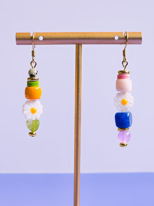 Floral Ecstasy Glass, Resin, Milifiore Glass and Gemstone Drop Earrings