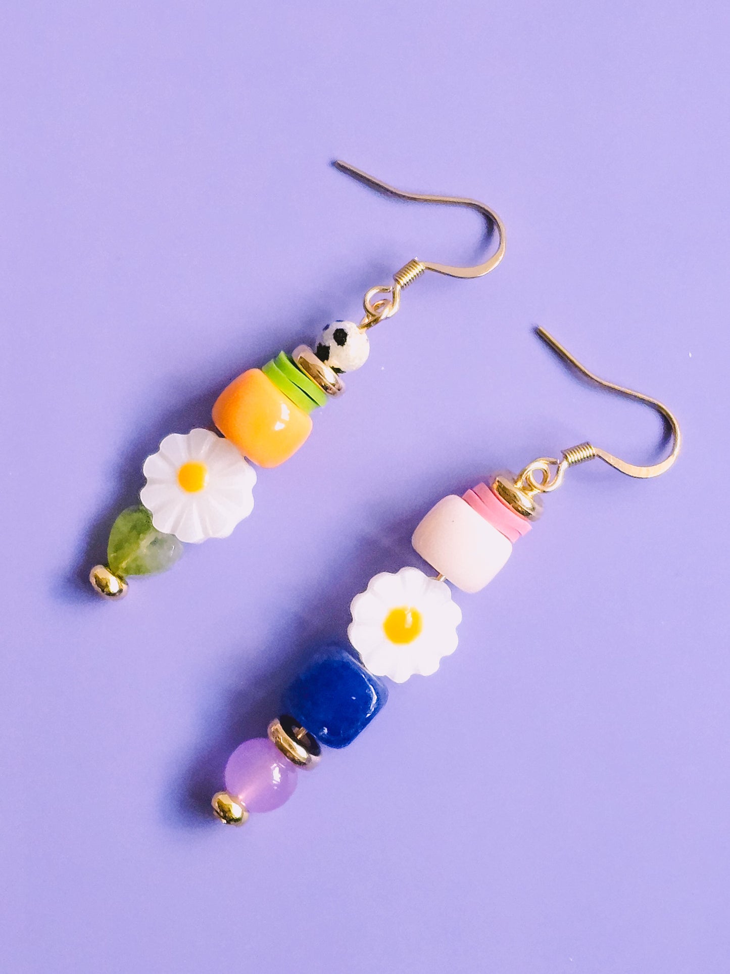 Floral Ecstasy Glass, Resin, Milifiore Glass and Gemstone Drop Earrings