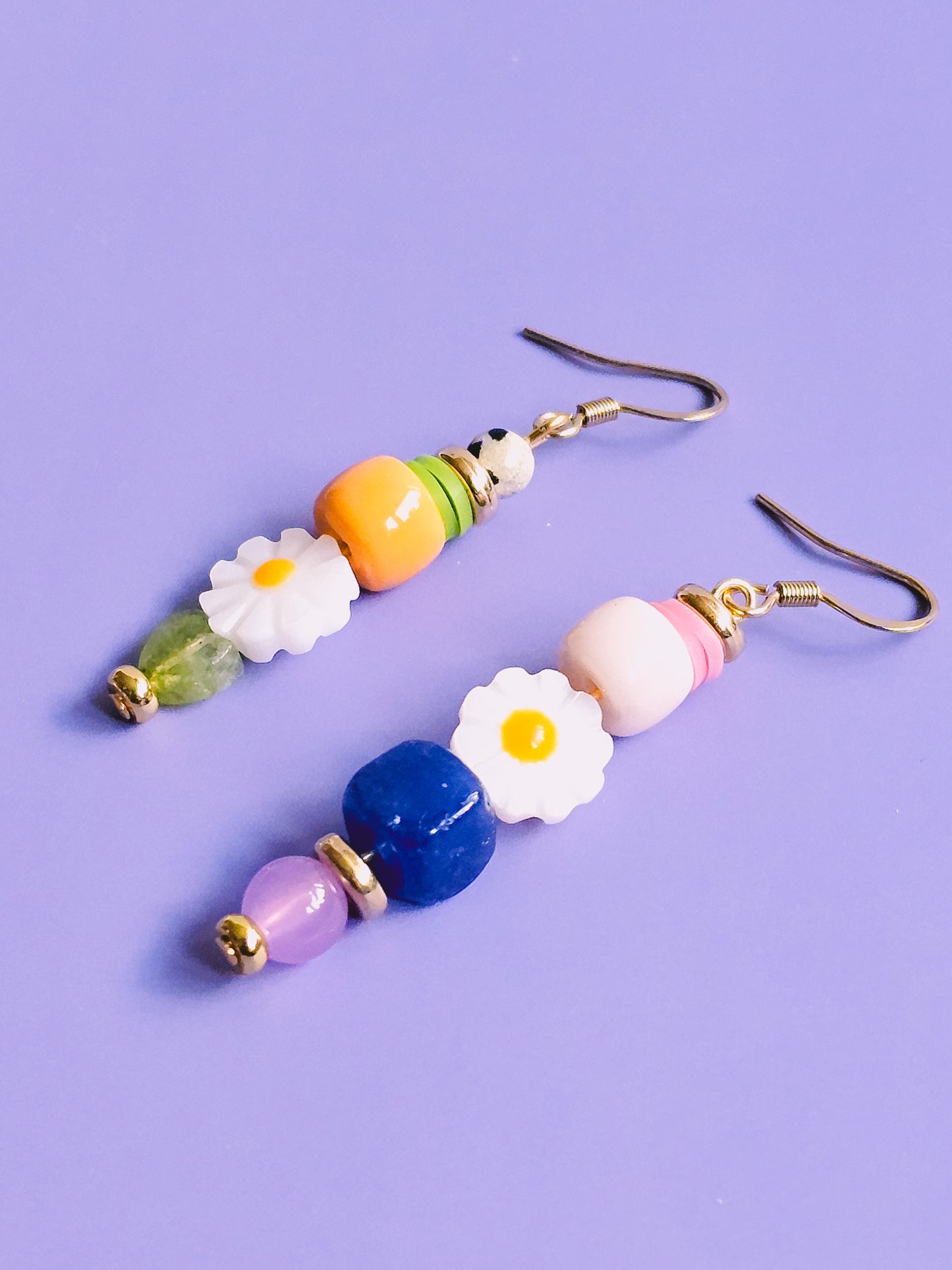 Floral Ecstasy Glass, Resin, Milifiore Glass and Gemstone Drop Earrings