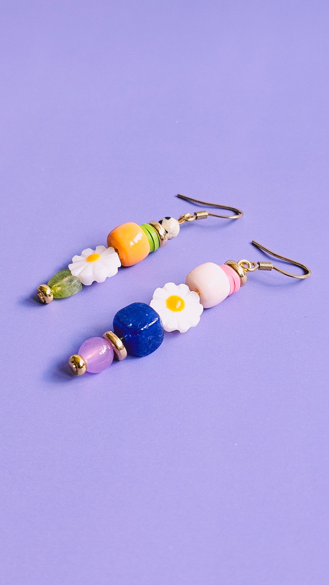 Floral Ecstasy Glass, Resin, Milifiore Glass and Gemstone Drop Earrings