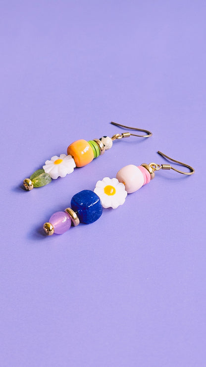 Floral Ecstasy Glass, Resin, Milifiore Glass and Gemstone Drop Earrings