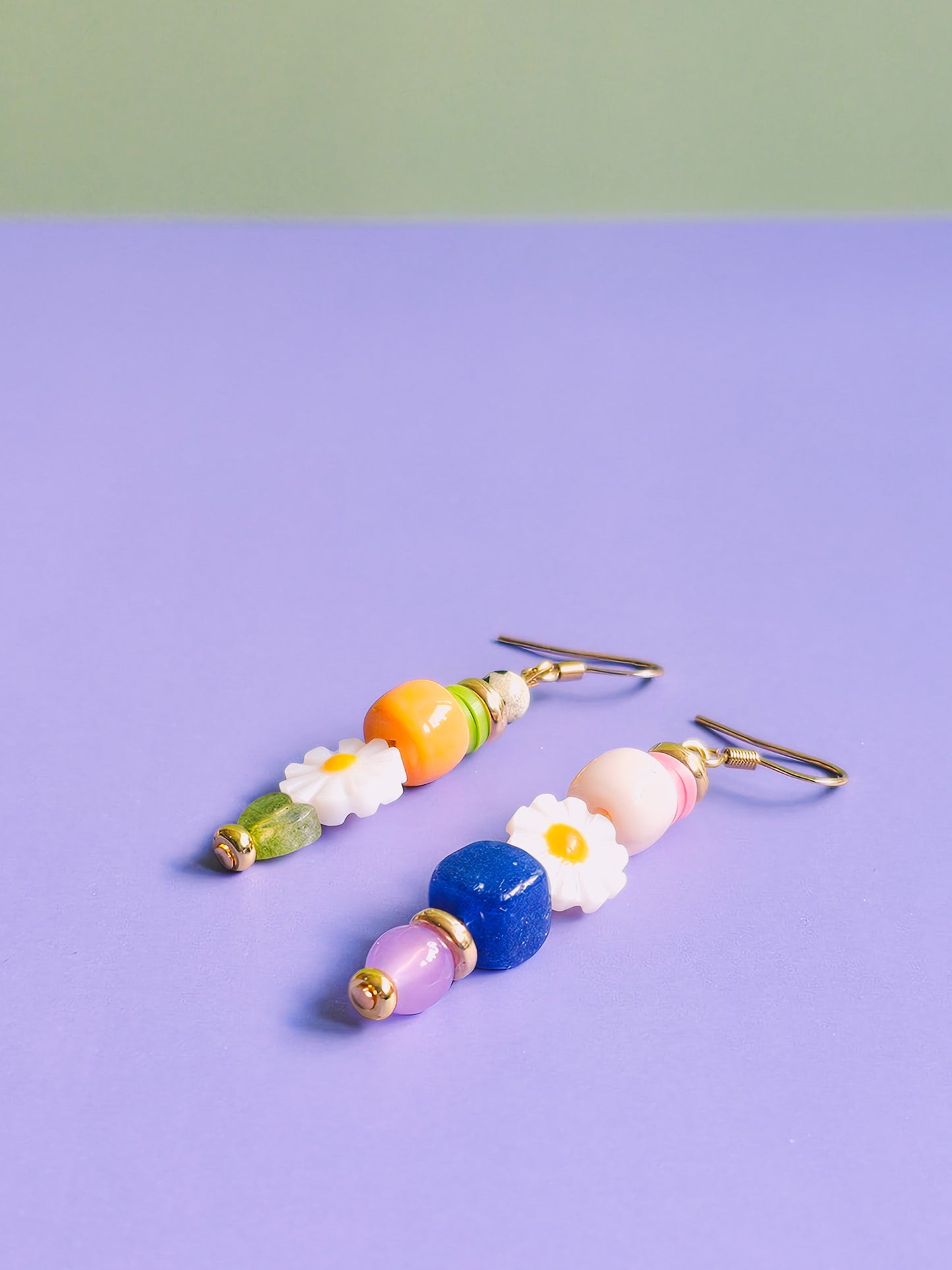 Floral Ecstasy Glass, Resin, Milifiore Glass and Gemstone Drop Earrings