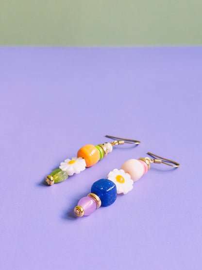 Floral Ecstasy Glass, Resin, Milifiore Glass and Gemstone Drop Earrings