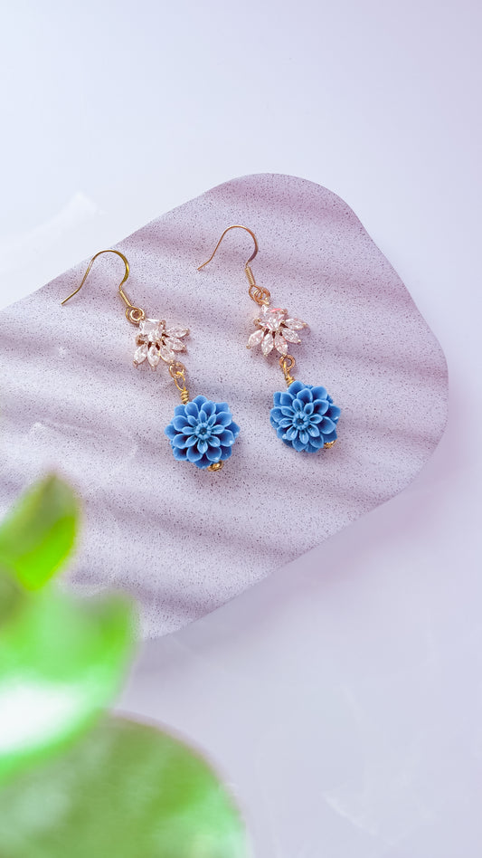 Mixed Media Florals Resin Blue, Cubic Zirconia and 18k Gold Plated Earrings