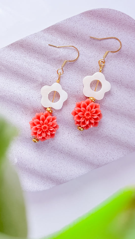 Mixed Media Florals Resin, Seashell and 18k Gold Plated Earrings