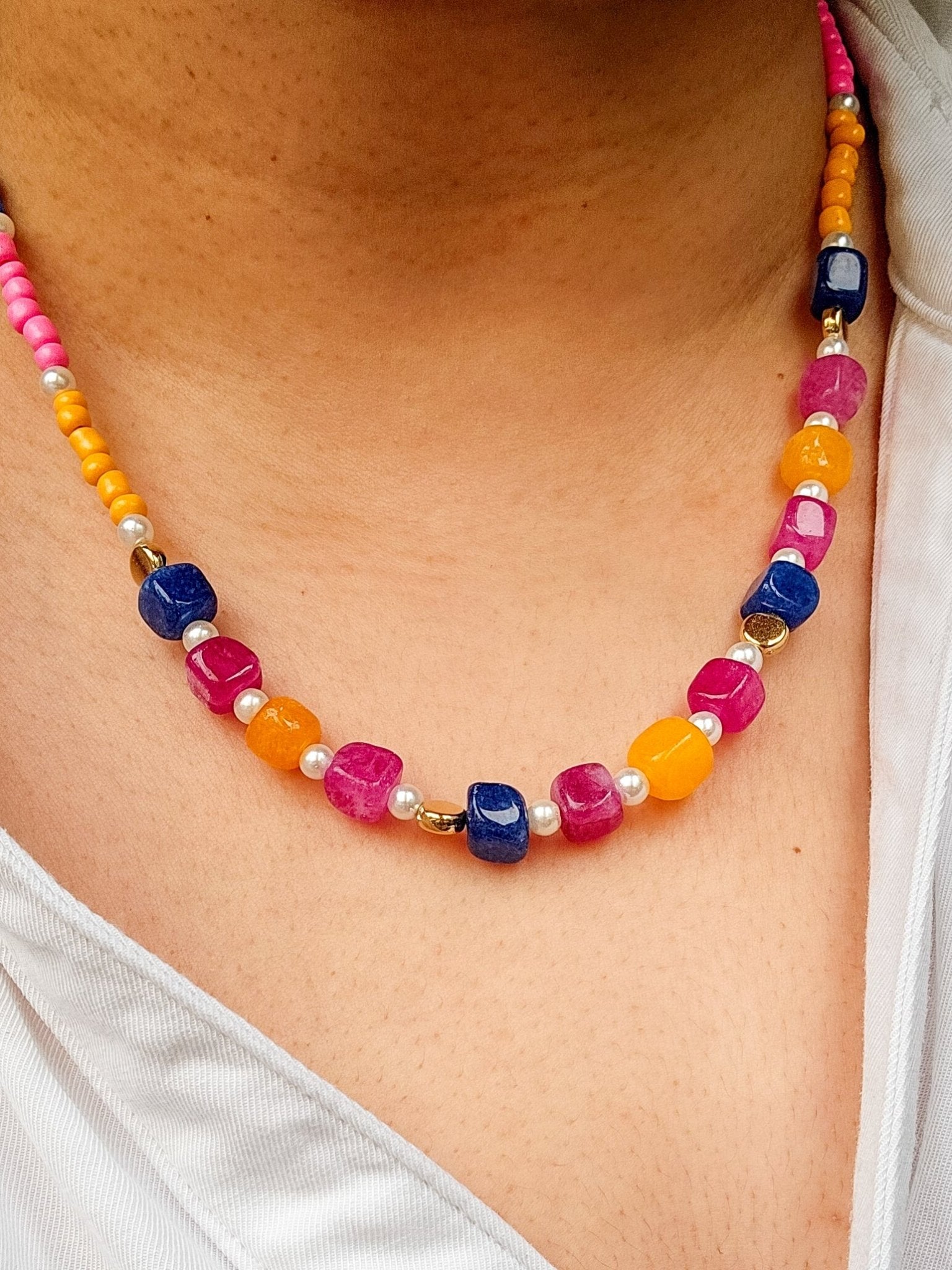Chunky Candy Semi Precious Gemstone Necklace - Opal and Thread