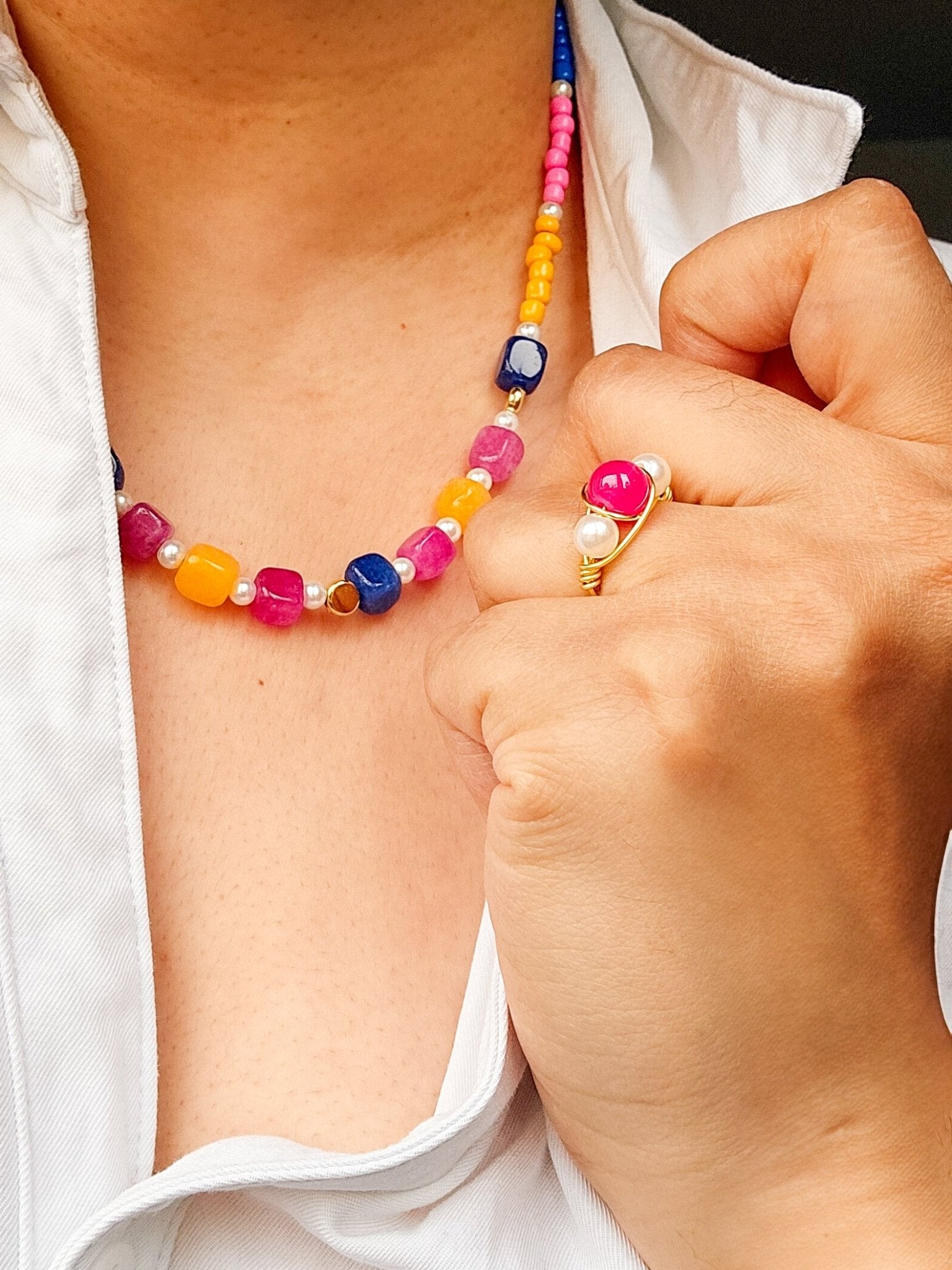 Chunky Candy Semi Precious Gemstone Necklace - Opal and Thread